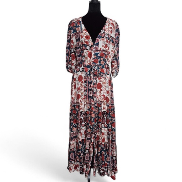 Boho Patchwork Floral Paisley Maxi Dress Vneck Tiered Puff Sleeve Red Navy Cream - Picture 2 of 12